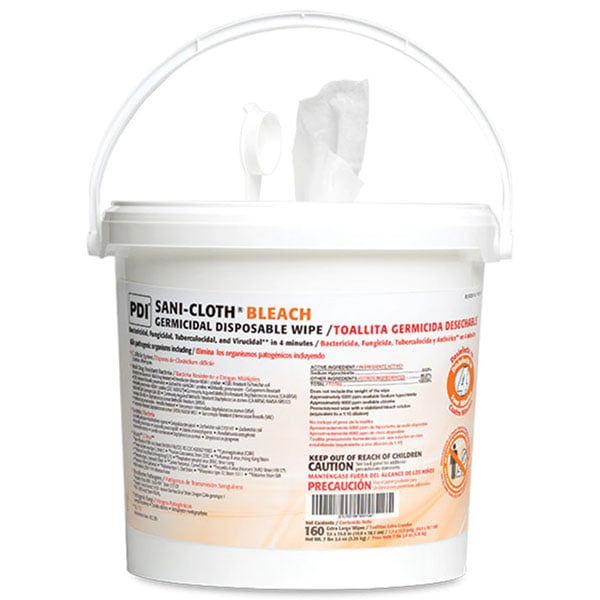 Sani-Cloth Bleach 7.5" x 15" Wipe Pail, Case of 2 - 160/Bucket, X-Large. Effective against 50