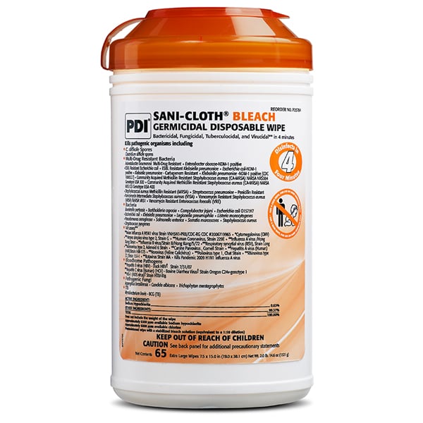 Sani-Cloth Bleach Extra Large Wipes (7.5"x15"), 65/Canister. Disinfects high-risk areas endemic
