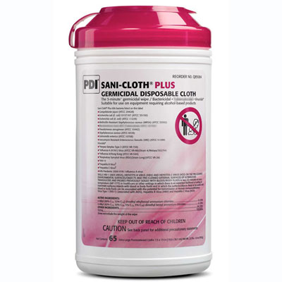 Sani-Cloth Plus Extra-Large Wipes (7.5" x 15") 65/Canister. 3 min germicidal wipe effective