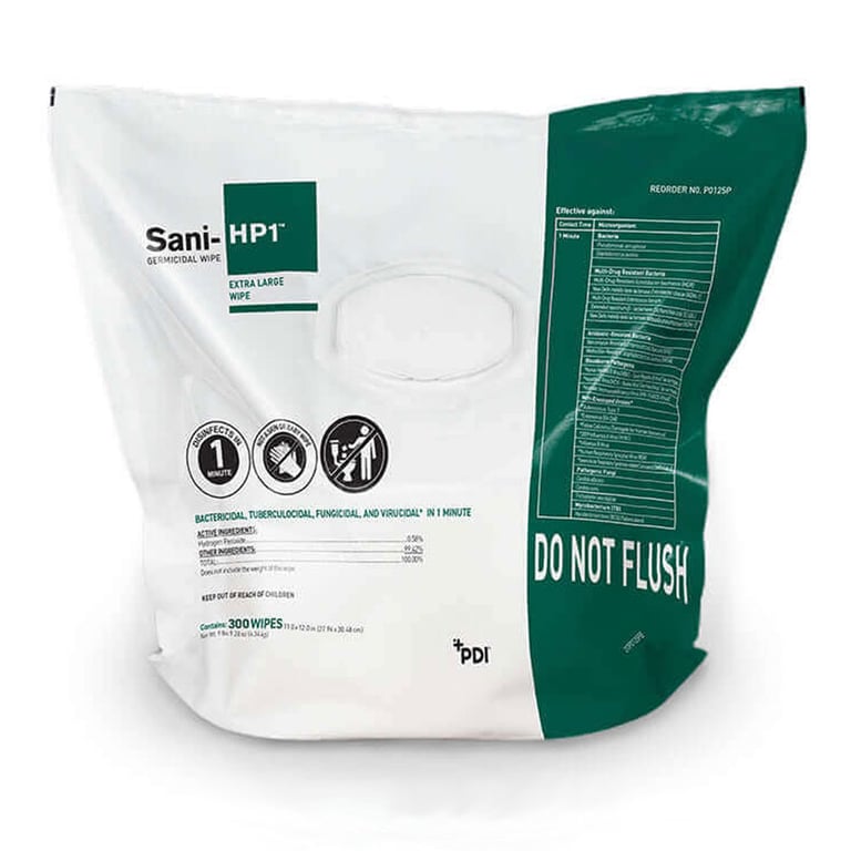 Sani-HP1 Germicidal Disposable Wipes, 11" x 12", 300 Wipes per Pack, 2/Box. Features Hydroguard