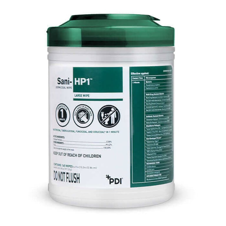 Sani-HP1 Germicidal Disposable Wipes, Large 6" x 9", 165 Wipes per Canister, 12/Box. Features