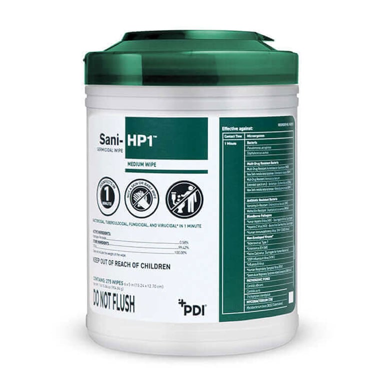 Sani-HP1 Germicidal Disposable Wipes, Medium 6" x 5", 275 Wipes per Canister, 12/Box. Features