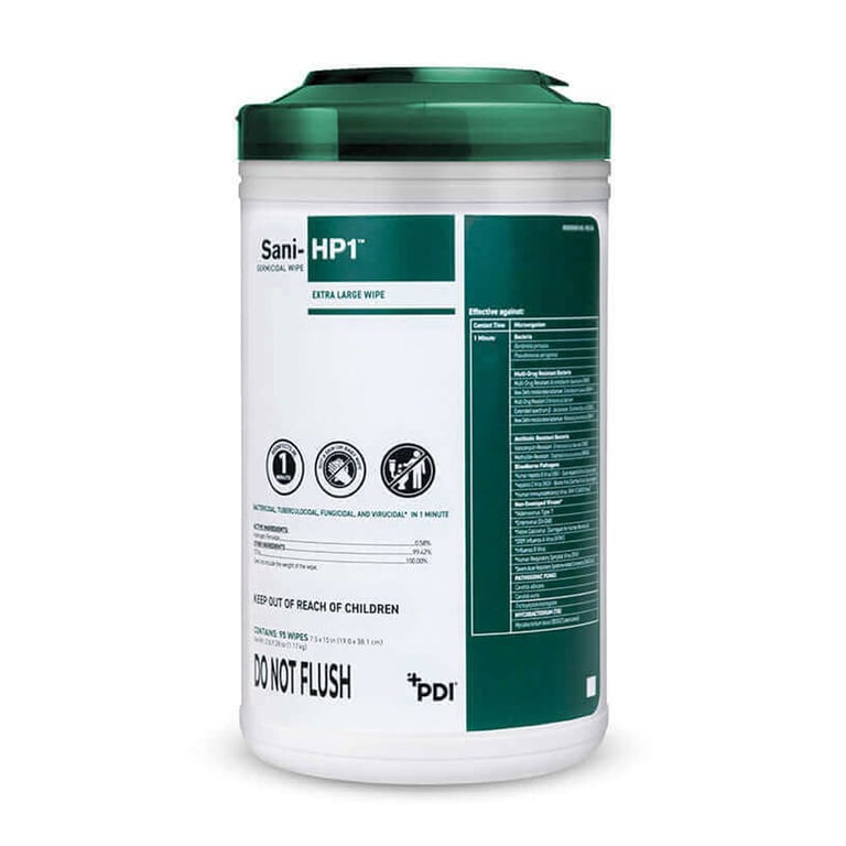Sani-HP1 Germicidal Disposable Wipes, X-Large 7.5" x 15", 95 Wipes per Canister, 6/Box. Features