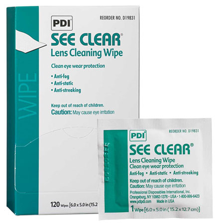 See Clear Lens Cleaning Wipes 120/Box. 5" x 6" unscented pre-moistened optical cleansing wipe