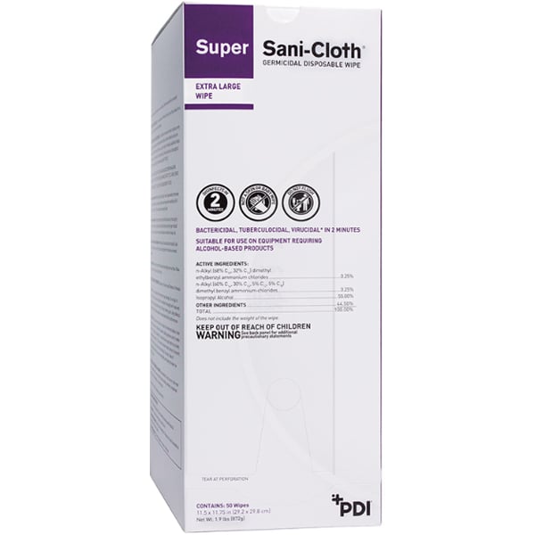 Super Sani-Cloth Extra Large Wipes (11.5" x 11.75") INDIVIDUAL PACKETS, 50/Box. High Alcohol