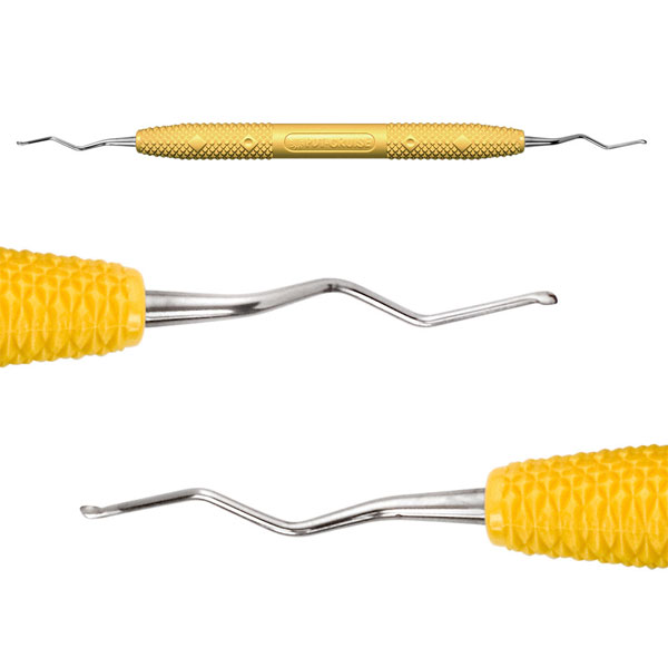 Cruise Line 15/16 O'Hehir Curette with Yellow Handle. Small scoop blades with 310 degree radiused