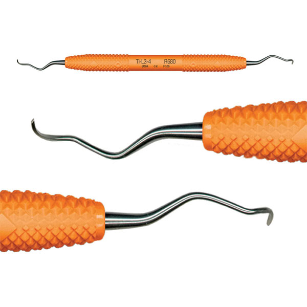 Wingrove L3-4 Titanium Implant Scaler with Orange Resin Handle. Blades are solid USA medical-grade