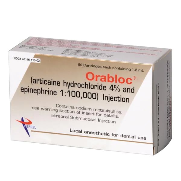 Orabloc Articaine HCl 4% with Epinephrine 1:100,000 Injection Cartridges, 1.8 mL 50/Pk. An amide