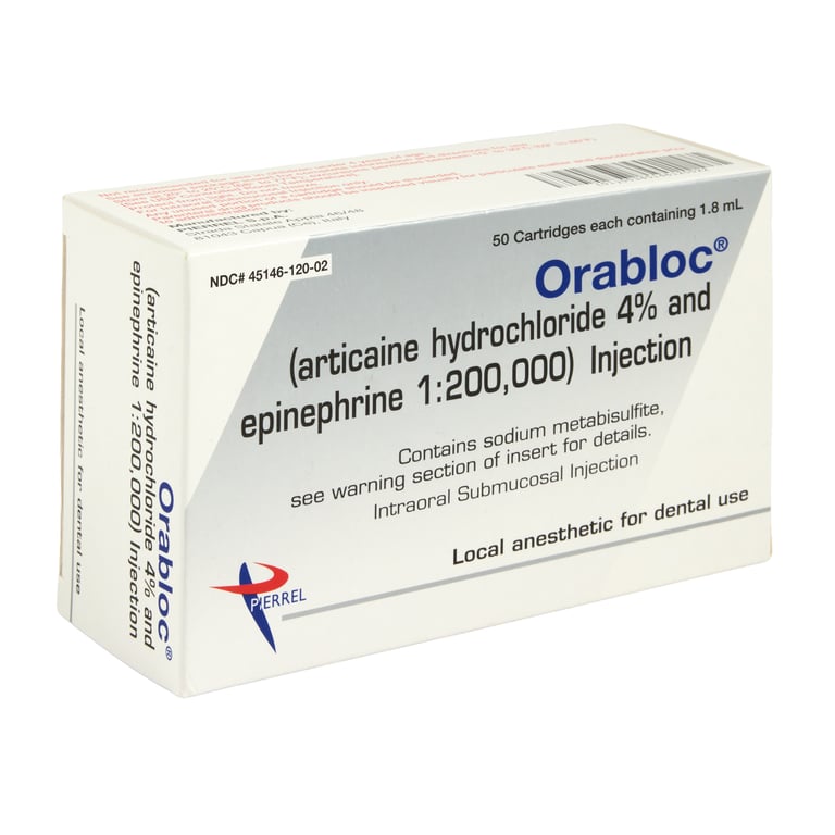 Orabloc Articaine HCl 4% with Epinephrine 1:200,000 Injection Cartridges, 1.8 mL 50/Pk. An amide