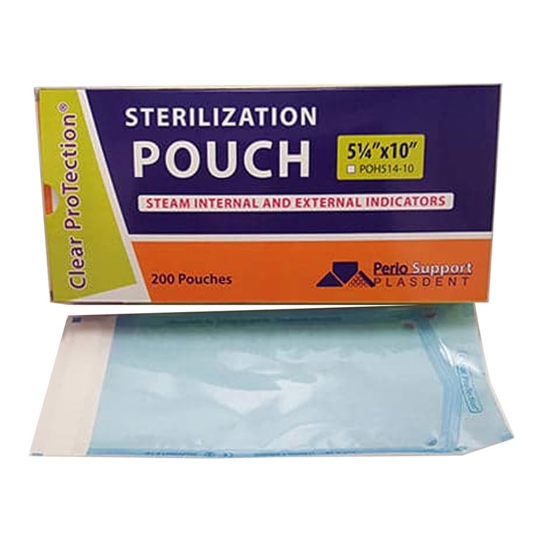 Perio Support 5.25" x 10" Sterilization Pouches with Built-In Dual Indicators, 200/Bx. Paper/Blue