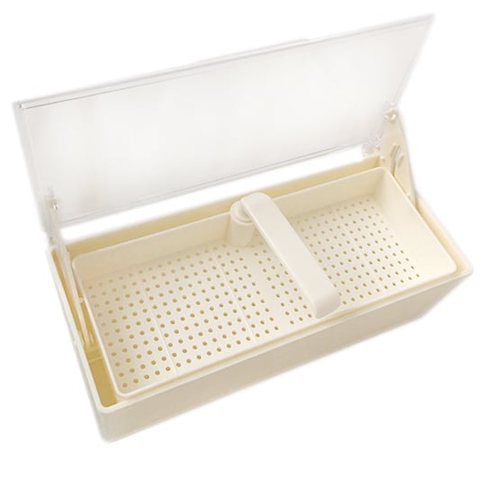 Plasdent White Germicide Tray with Clear Lid, 10-3/8"L x 4"W x 3-1/4"H. Allows the organized