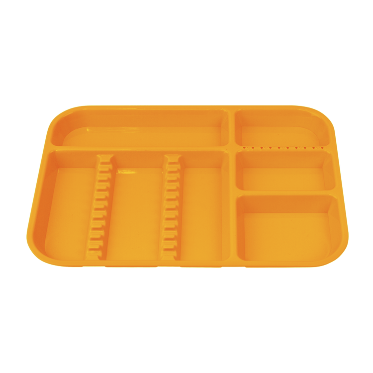 Plasdent 13-1/2" x 9-5/8" x 7/8" Lockable Divided Set-Up Tray, Size B, Neon Orange, 1/Pk. Features