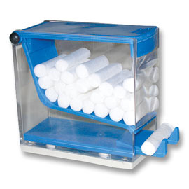 Plasdent Cotton Roll Dispenser - 'Push' Style - Clear w/ BLUE Accent. Spring loaded push top