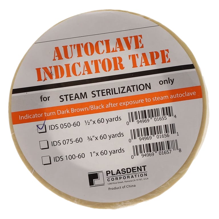 Plasdent .5" x 60 Yds Autoclave Indicator Tape, Steam Sterilization, 1/Pk. Indicator turns Dark