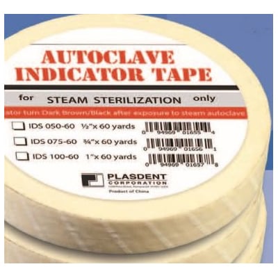 Plasdent Autoclave Indicator Tape Steam Sterilization, .75" x 60 Yards. Indicator turns Dark