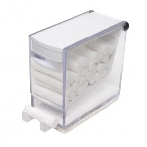 Plasdent Cotton Roll Dispenser - 'Push' Style - Clear w/ WHITE Accent. Spring loaded push top
