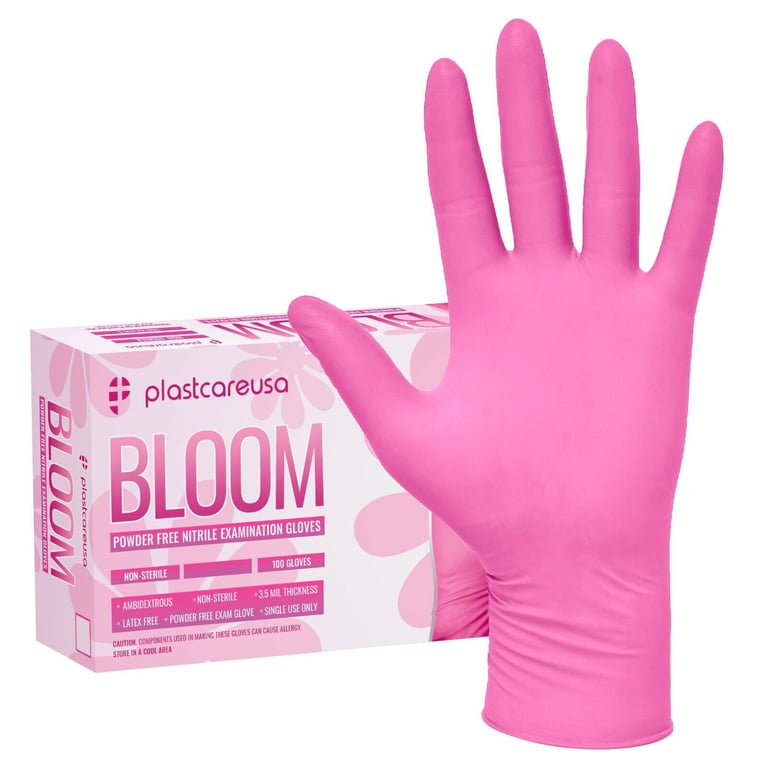 Bloom Nitrile Examination Gloves, Pink, Small,1000/Cs. The nitrile gloves have textured fingers