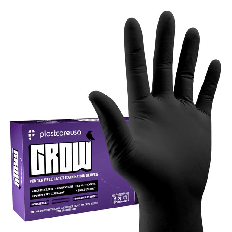 PlastCare USA Crow Powder-Free Latex Exam Gloves, Black, Large, 1000/Case. 5.5 mil Premium latex
