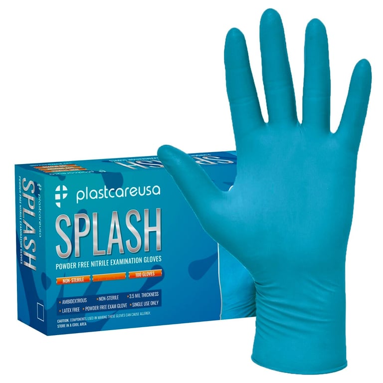 plastcareusa Splash Nitrile Examination Gloves - Blue SMALL Case of 10x 100/Box. Beaded cuffs