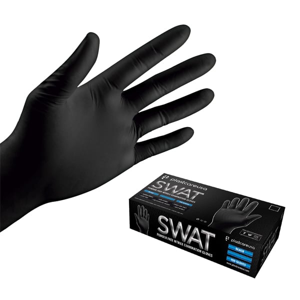 PlastCare USA Swat Nitrile Examination Gloves - Black LARGE 100/Box. Beaded cuffs, Latex-free
