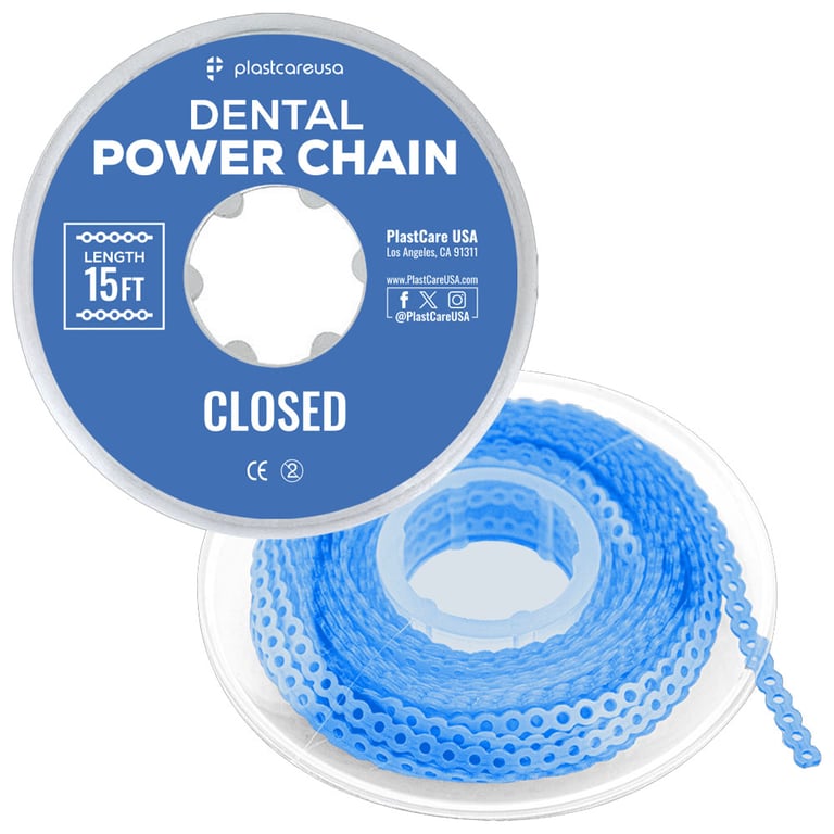 PlastCare USA 15ft Elastic Power Chain Roll, Closed, Sky Blue, 1/Pk. Designed for space closure