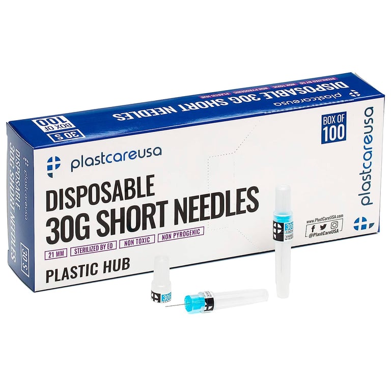 PlastCare USA Disposable Needles, 30G, Short, Blue, 100/Box. Universal plastic, non pyrogenic hub