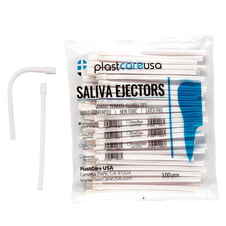 PlastCare USA Saliva Ejectors, White, 100/Bag. These saliva ejectors are made to uniquely contour