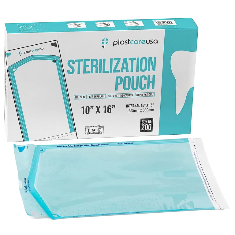 PlastCare USA Self Seal Sterilization Pouch, 10" x 16", 200/Box. These sterilizing bags keep teeth