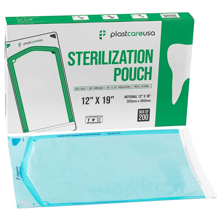 PlastCare USA Self Seal Sterilization Pouch, 12" x 19", 200/Box. These sterilizing bags keep teeth