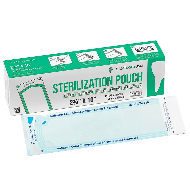 PlastCare USA Self Seal Sterilization Pouch, 2.75" x 10", 200/Box. These sterilizing bags keep