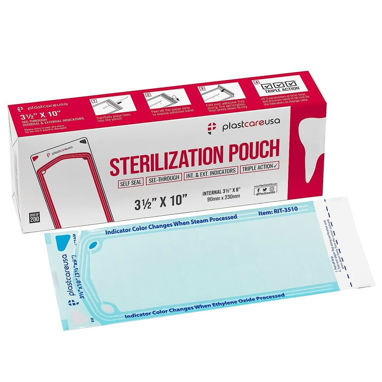PlastCare USA Self Seal Sterilization Pouch, 3.5" x 10", 200/Box. These sterilizing bags keep