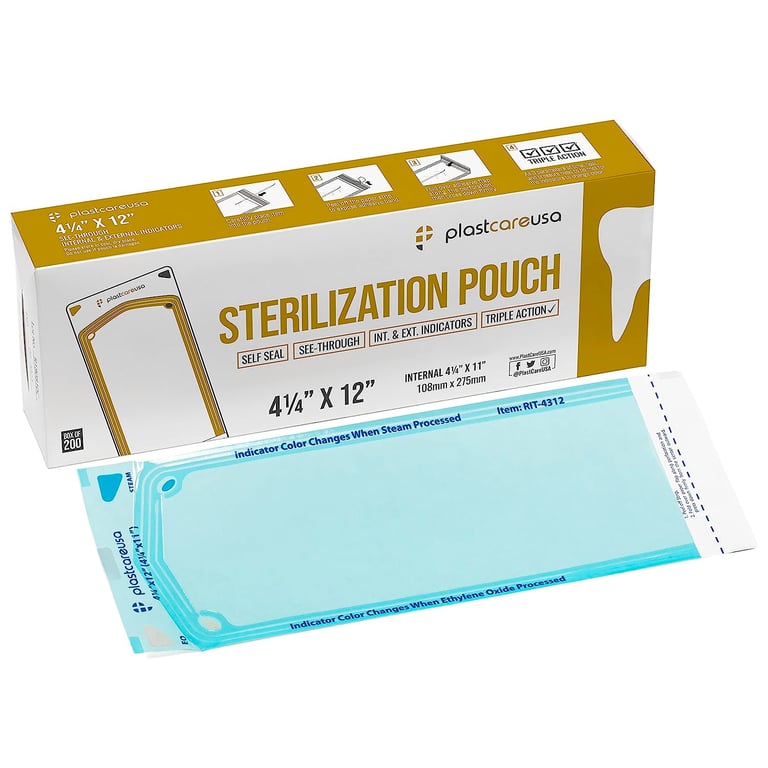 PlastCare USA Self Seal Sterilization Pouch, 4.25" x 12", 200/Box. These sterilizing bags keep