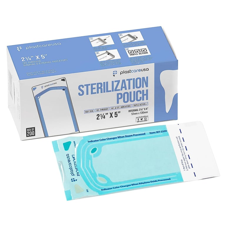 PlastCare USA Self Seal Sterilization Pouch, 2.25" x 5", 200/Box. These sterilizing bags keep