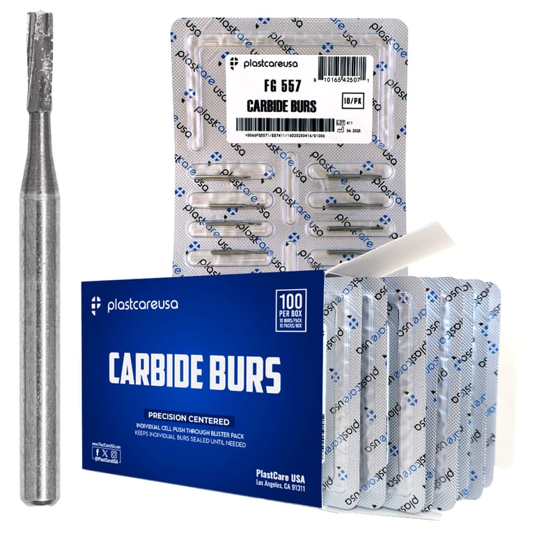 PlastCare USA FG #557 Straight Fissure Flat End Carbide Bur, 100/Pk. 10 packs of 10 (100 total)