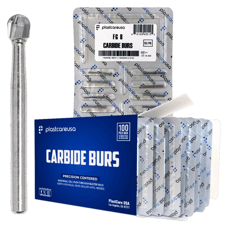 PlastCare USA FG #8 Round Shaped Carbide Bur, 100/Pk. 10 packs of 10 (100 total). High-grade