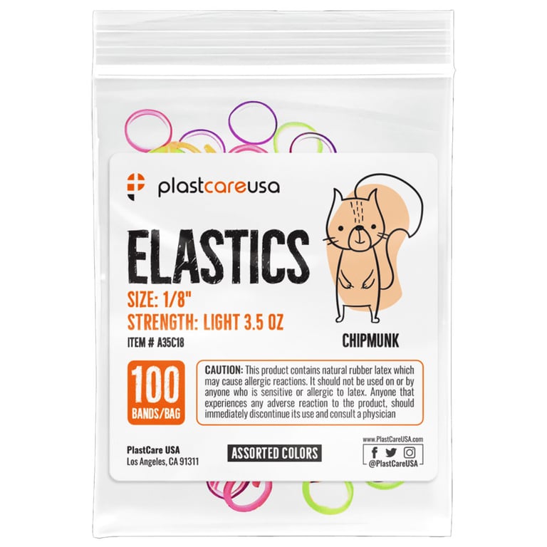 PlastCare USA ELASTICS 1/8" Chipmunk, Light 3.5 oz Elastic Bands, Asst Colors, 100/Bag. Elevate