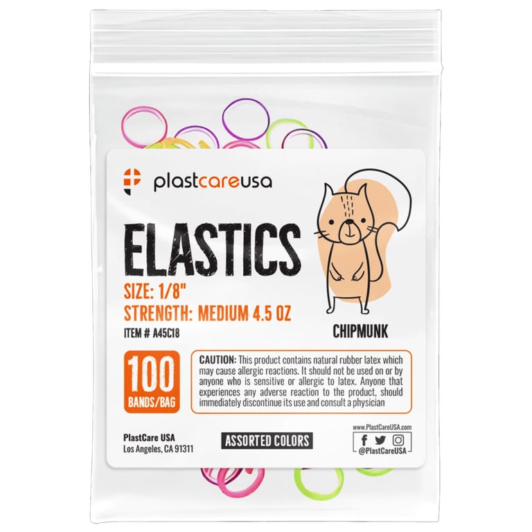 PlastCare USA ELASTICS 1/8" Chipmunk, Heavy 6.5 oz Elastic Bands, Asst Colors, 100/Bag. Elevate