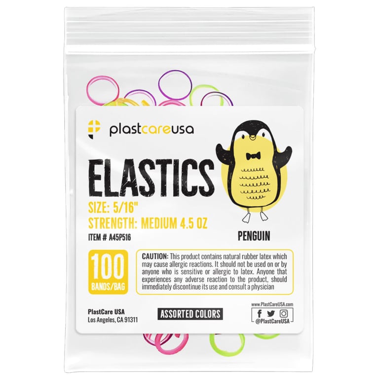 PlastCare USA ELASTICS 5/16" Penguin, Medium 4.5 oz Elastic Bands, Asst Colors, 100/Bag. Elevate