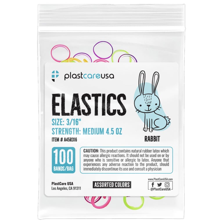 PlastCare USA ELASTICS 3/16" Rabbit, Medium 4.5 oz Elastic Bands, Asst Colors, 100/Bag. Elevate