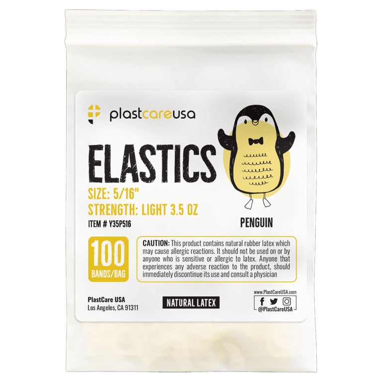 PlastCare USA ELASTICS 5/16" Penguin, Light 3.5 oz Elastic Bands, Yellow, 100/Bag. Premium quality
