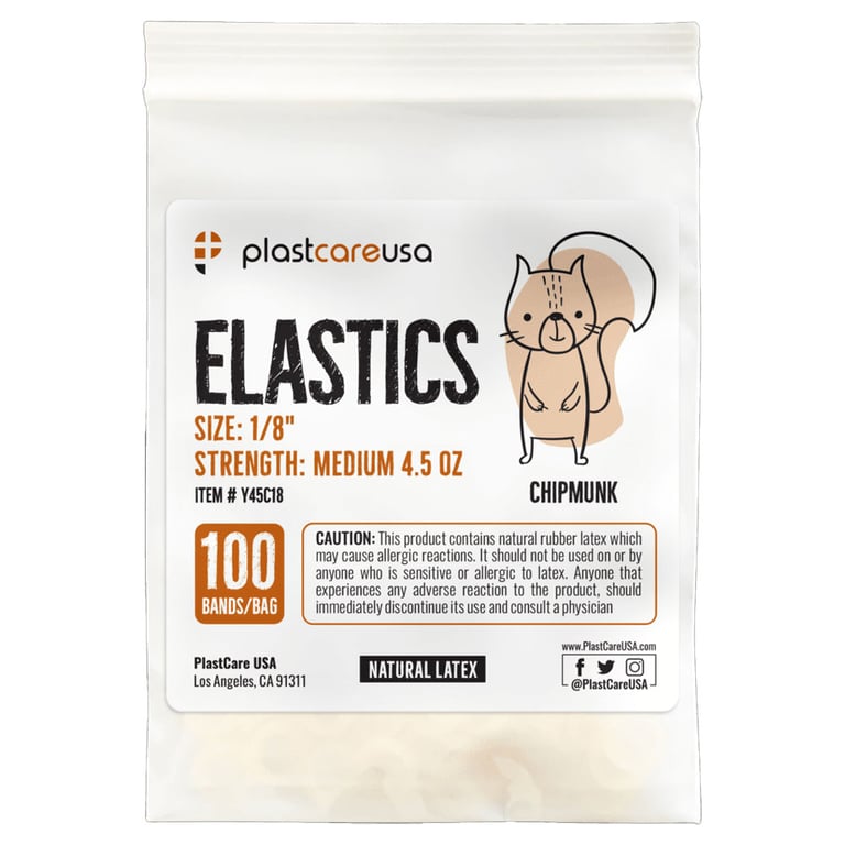 plastcareusa ELASTICS 1/8" Chipmunk, Medium 4.5 oz Elastic Bands, Yellow, 100/Bag. Premium quality