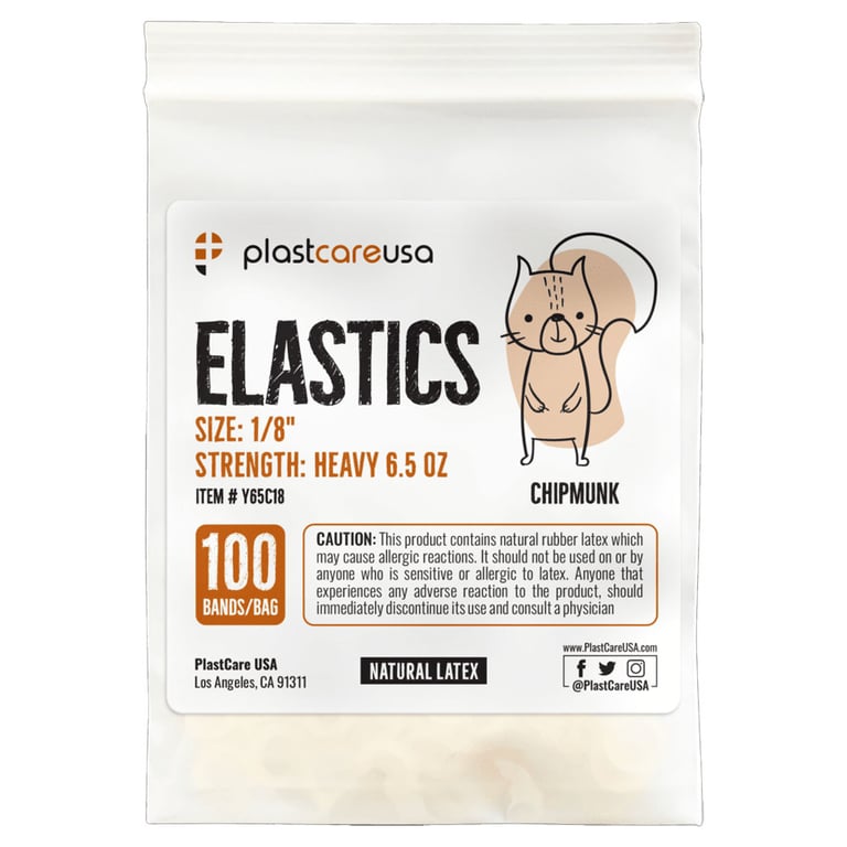 plastcareusa ELASTICS 1/8" Chipmunk, Heavy 6.5 oz Elastic Bands, Yellow, 100/Bag. Premium quality