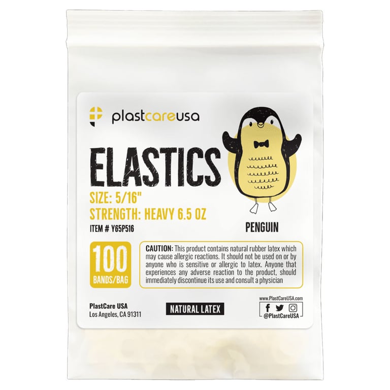 PlastCare USA ELASTICS 5/16" Penguin, Heavy 6.5 oz Elastic Bands, Yellow, 100/Bag. Premium quality