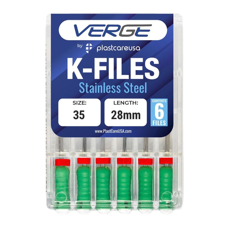 VERGE 28 mm Endo K Files, Stainless Steel, #35 Green, 6/Pk. Square cross-sectional shape makes