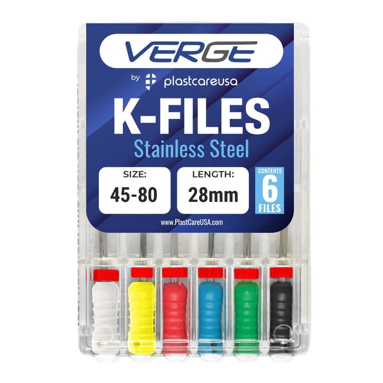 VERGE 28 mm Endo K Files, Stainless Steel, #45-80 Assorted, 6/Pk. Square cross-sectional shape