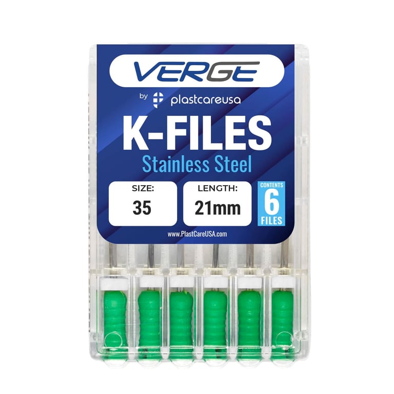 VERGE 21mm Endo K Files, Stainless Steel, #35 Green, 6/Pk. Square cross-sectional shape makes them