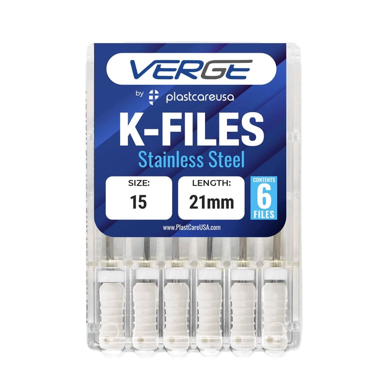 VERGE 21mm Endo K Files, Stainless Steel, #15 White, 6/Pk. Square cross-sectional shape makes them