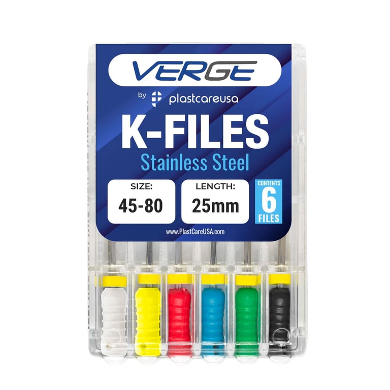 VERGE 25mm Endo K Files, Stainless Steel, Assorted #45 - #80, 6/Pk. Square cross-sectional shape