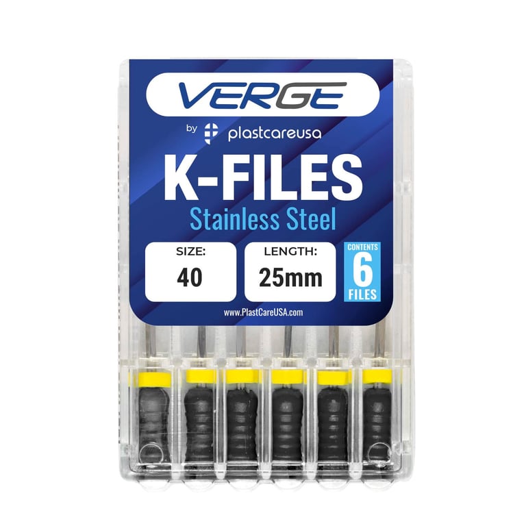 VERGE 25mm Endo K Files, Stainless Steel, #40 Black, 6/Pk. Square cross-sectional shape makes them