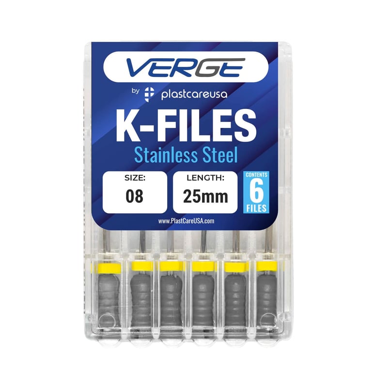 VERGE 25mm Endo K Files, Stainless Steel, #8 Grey, 6/Pk. Square cross-sectional shape makes them